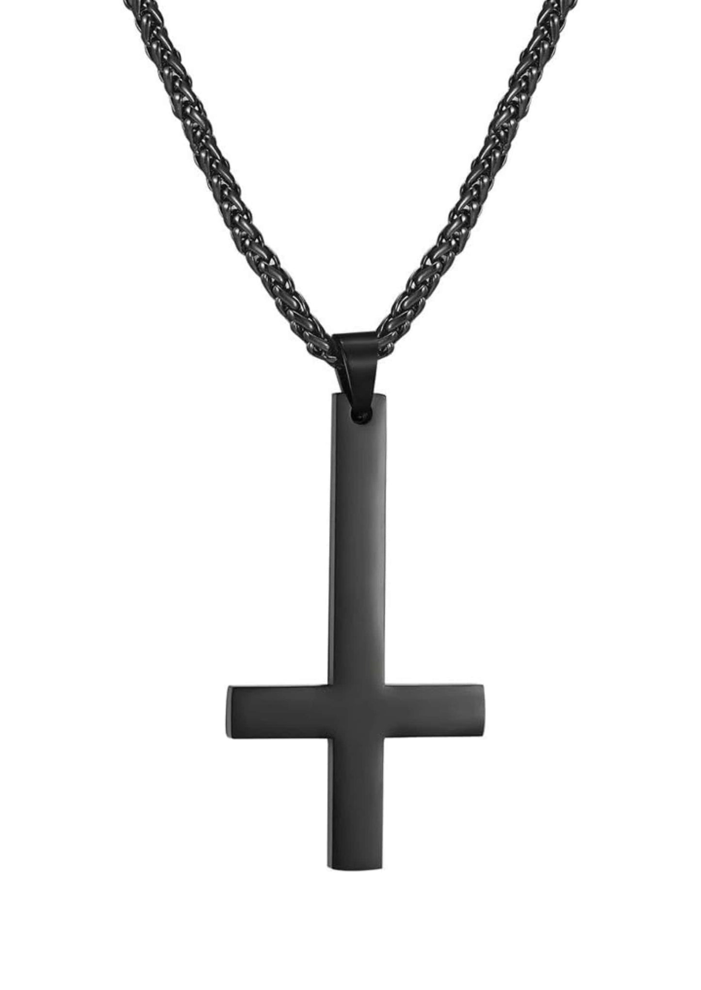 Schwarzes inverses kreuz halskette mit mattem finish an geflochtener schwarzer kette
