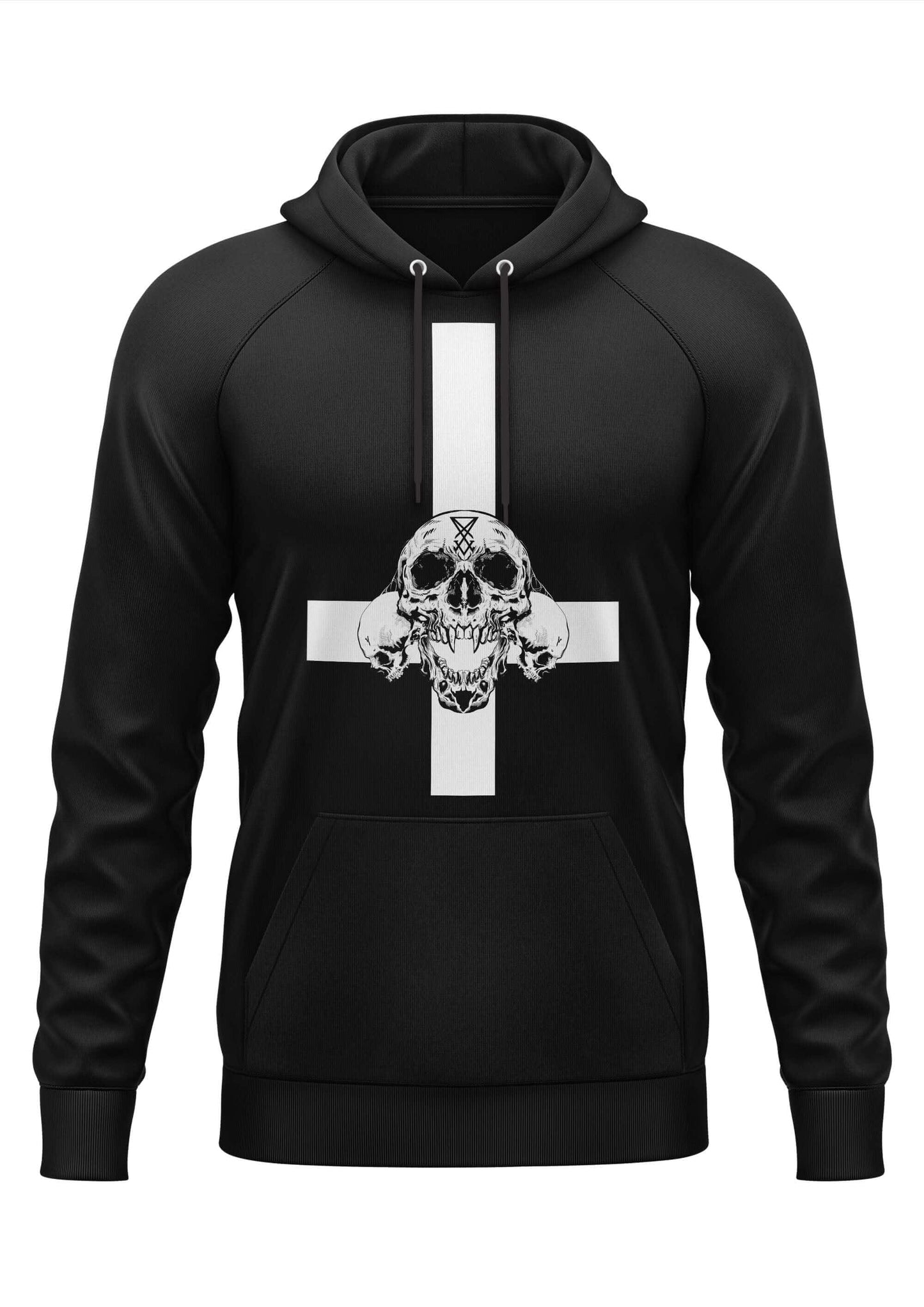 Schwerer unisex hoodie mit weißem invertiertem kreuz und schädeldesign aus langlebigem digitaldruck in schwarz