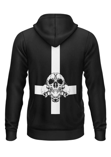 Schwarzer zip-up hoodie mit weißem invertiertem kreuz und detailliertem schädeldesign aus gaia licensed apparel