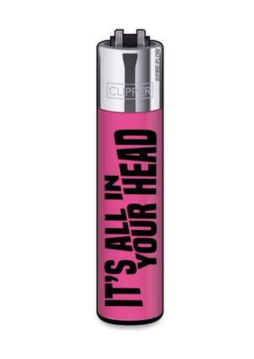 Ein pinkes wiederbefüllbares clipper feuerzeug mit schwarzem text es ist alles in deinem kopf ideal für gothic und horror styles