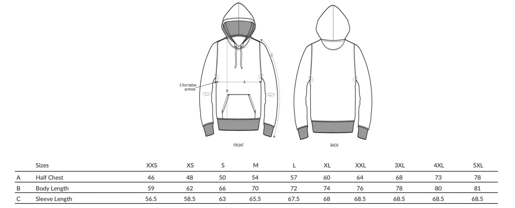 Hoodie Größentabelle.
