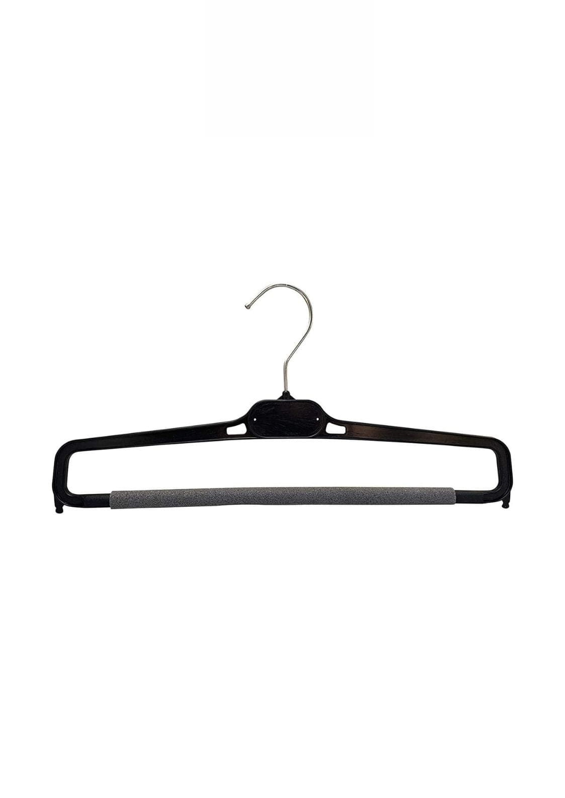 Schwarzer Kunststoffbügel mit silberner Stange und Haken, für die Aufbewahrung von Kleidung.