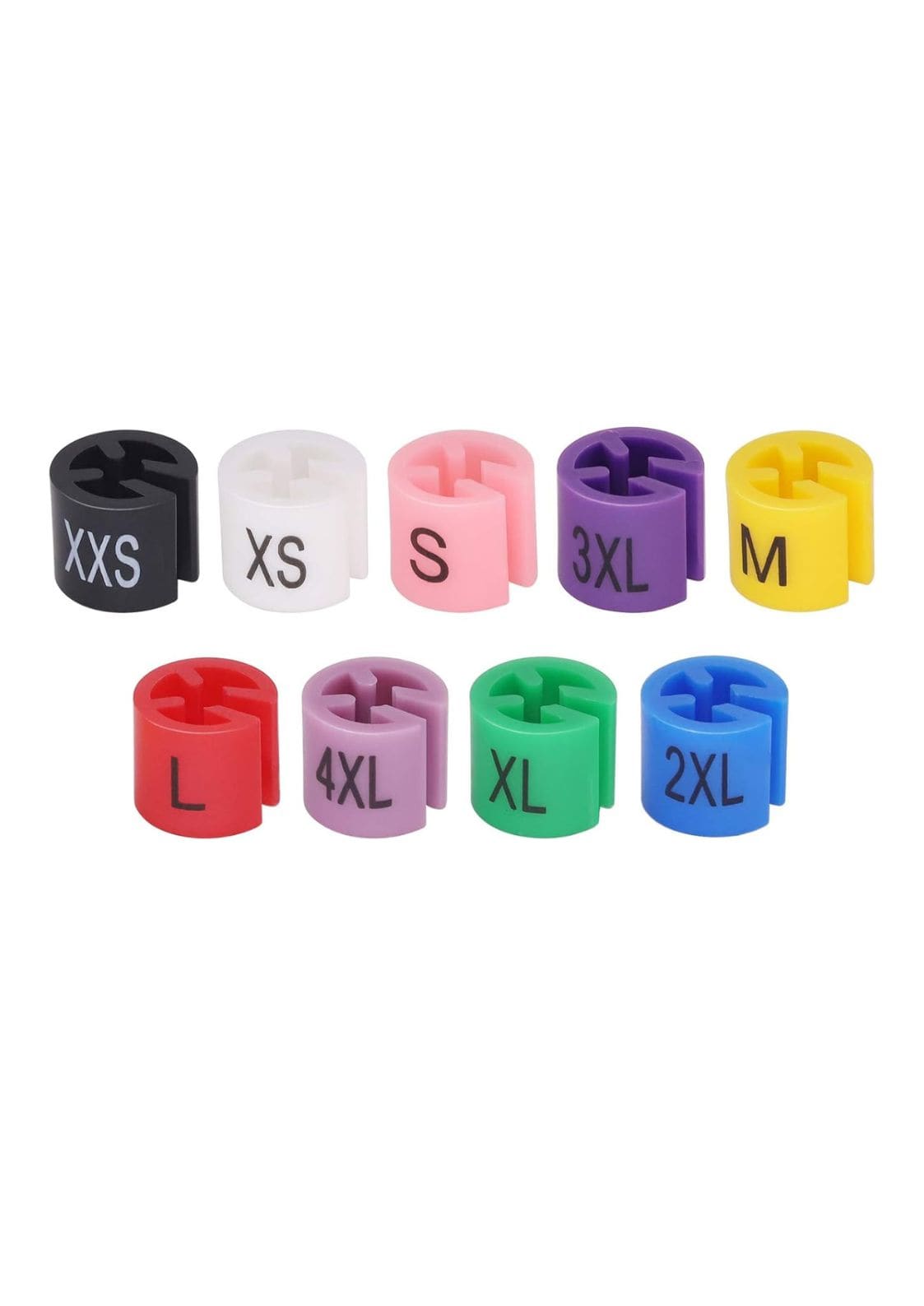 12er-Pack farbenfrohe Plastik-Größenmarker mit xxs bis 4xl Etiketten.