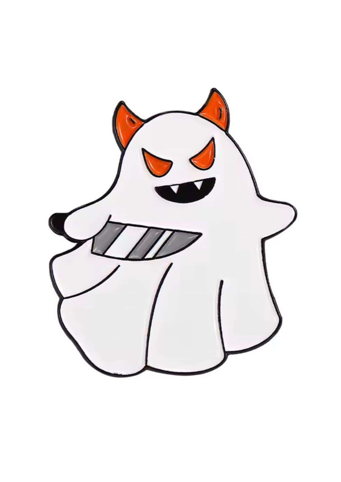 White ghost pin with orange devil horns and eyes holding a striped knife gothic horror dark fashion accessory