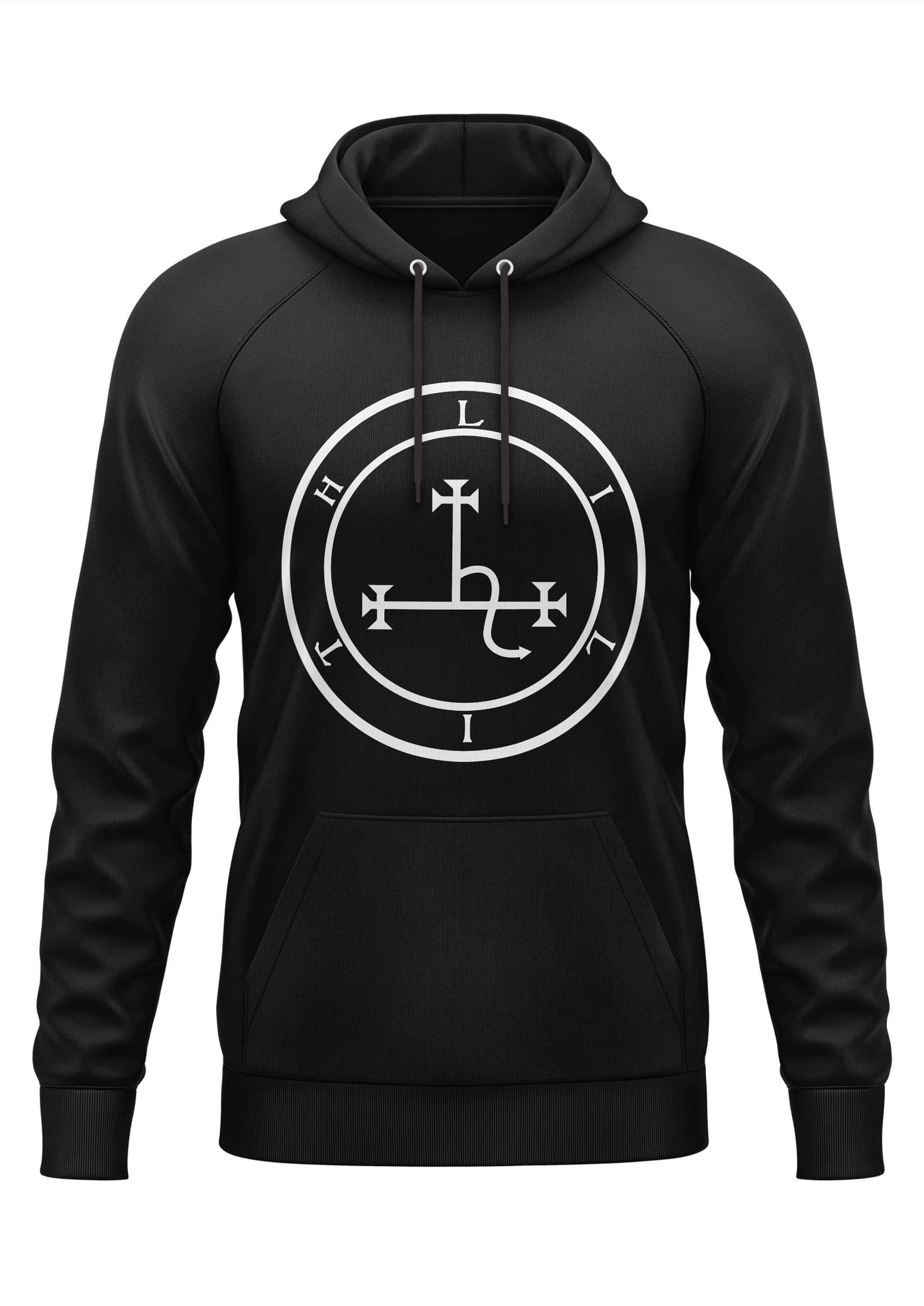 Schwarzer lilith hoodie mit weißem kreis emblem und buchstaben h l t im gothic horror stil