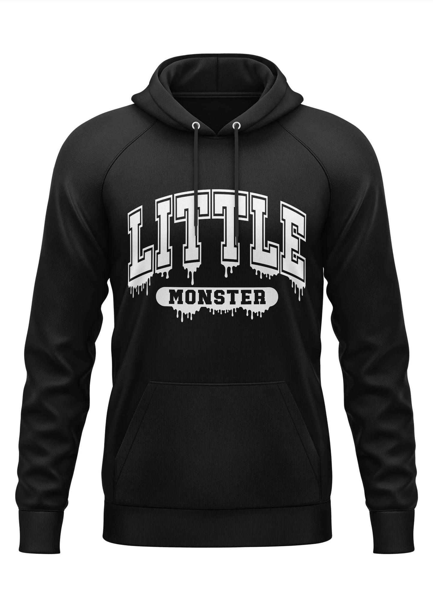 Schwarzer hoodie mit weißem dripping paint little monster schreift in gothic horror style für bitte fans