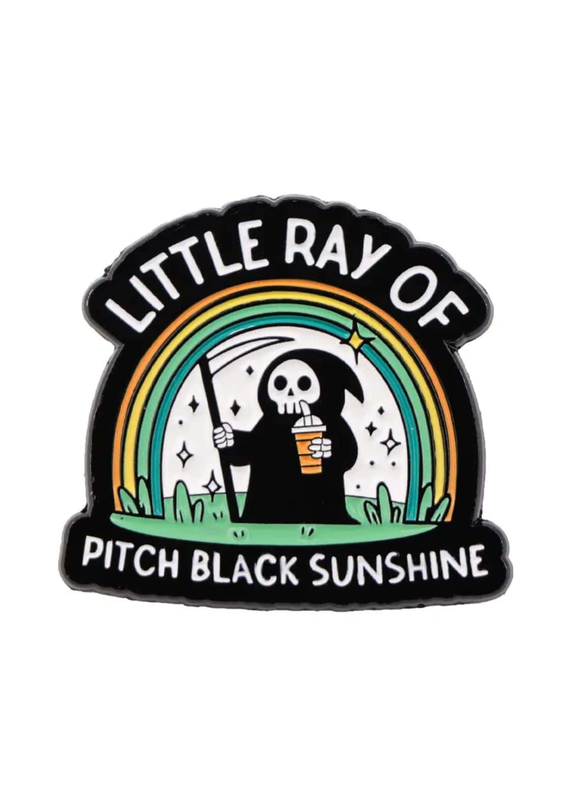 Kleiner ray gothic horror pin mit schwarzem grin grim reaper patch, regenbogen und grasdesign