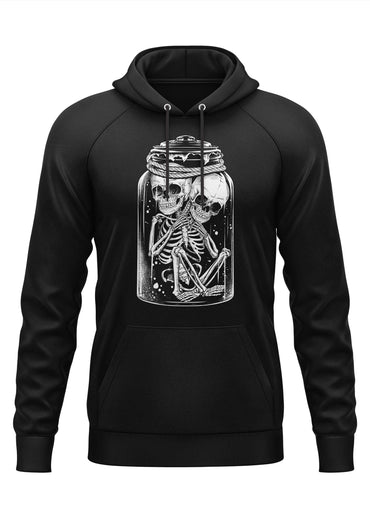 Schwarzer lizzy und jill hoodie mit detailliertem weißen grafik von zwei skeletten in einem gefesselten glas, gothic horror