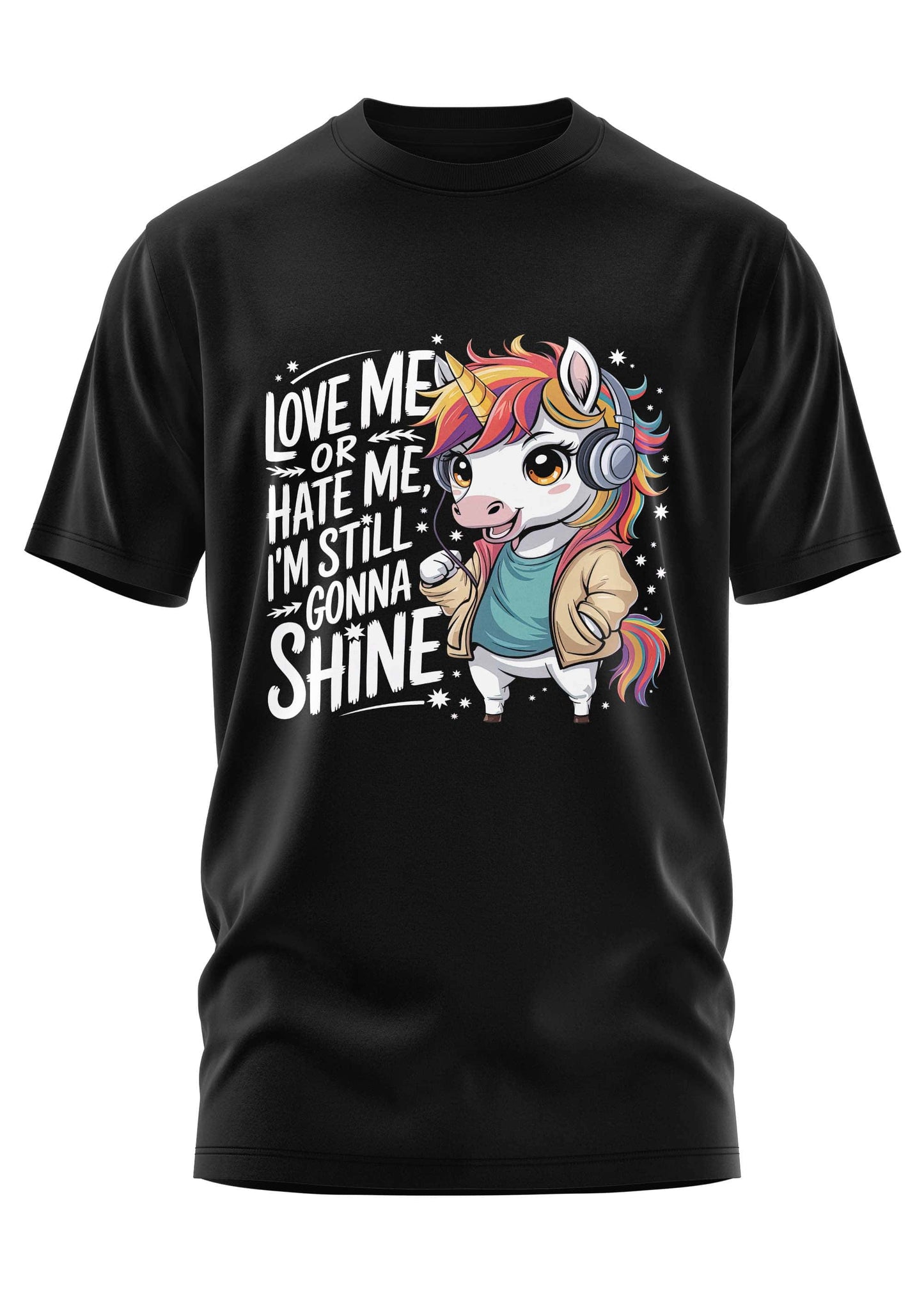 Schwarzes schweres unisex t-shirt love me or hate me mit niedlichem einhorn in jacke und kopfhörern aus strapazierfähigem stoff in weicher qualität