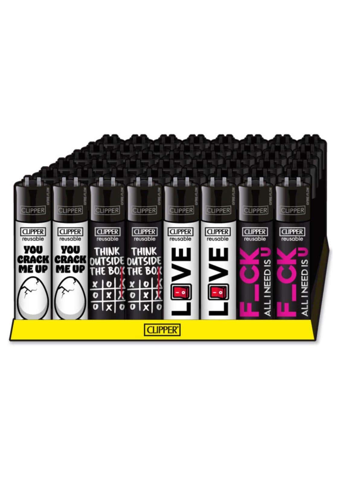 Schwarze clipper nachfüllbare feuerzeuge mit bunten, witzigen designs passend zu gothic, horror und dark fashion