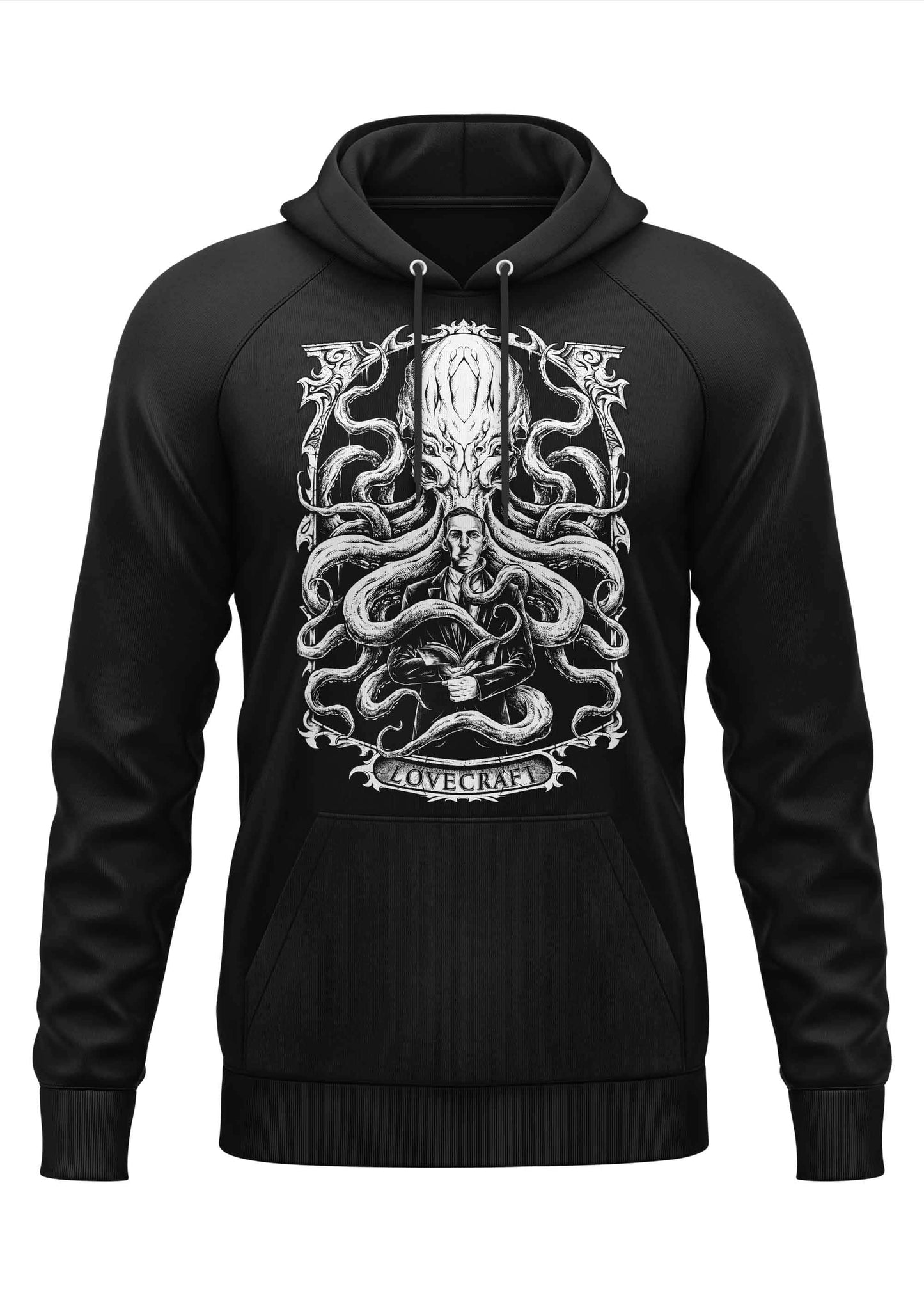 Schwarzer lovecraft hoodie aus baumwolle mit weißem gothic horror grafik eines krakenartigen monsters und schriftzug bitte