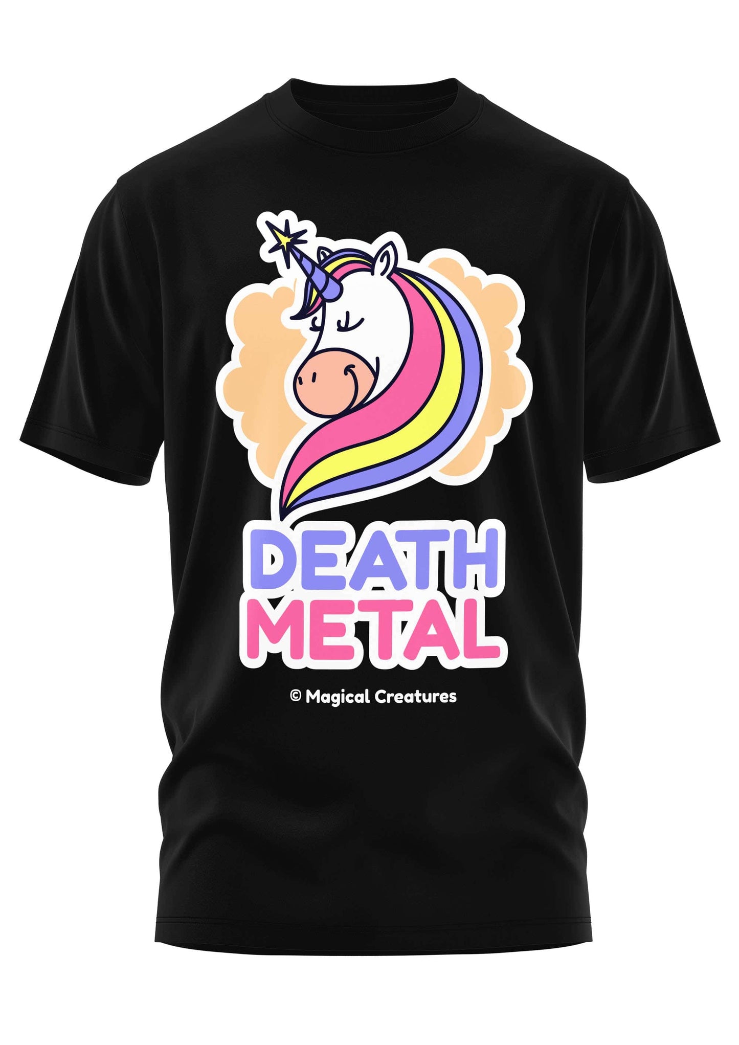 Schweres unisex t-shirt mit buntem cartoon einhorn und magischem death metal print aus strapazierfähigem stoff