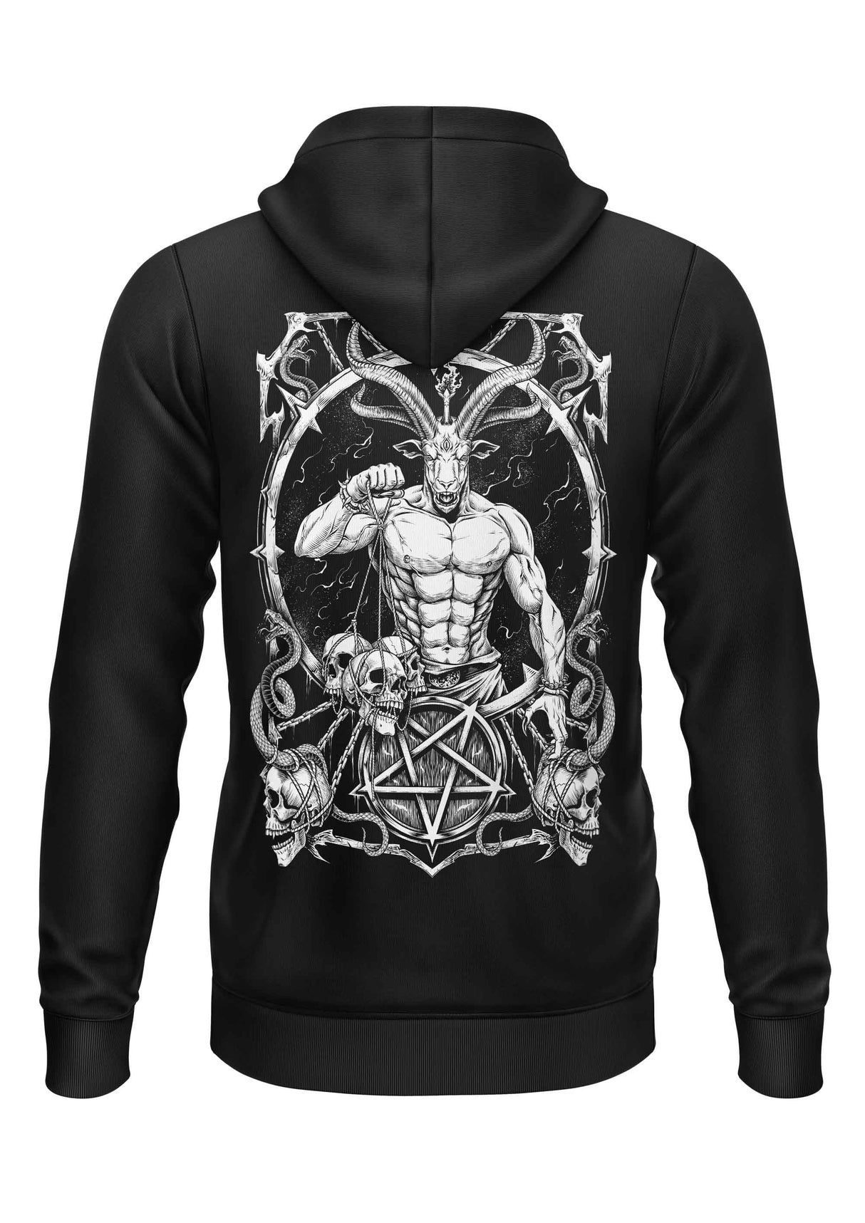 Schwarzer Gothic-Hoodie Master of Darkness mit Ziegenkopf-Motiv