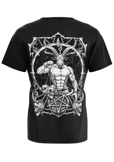 Schwarzes gothic kurzarmshirt mit detailliertem weißen master of darkness rückenprint eines gehörnten ziegendämons und schädeln