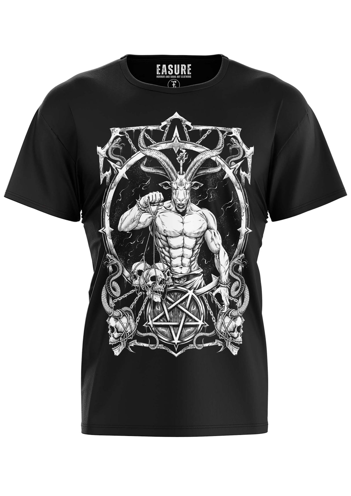 Gothic schwarzes T-Shirt Master of Darkness mit metallischem Ziegenbock-Motiv
