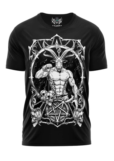 Schwarzes gothic t shirt master of darkness mit weißem horror motiv eines muskulösen ziegenkopfes mit hörnern und pentagrammen