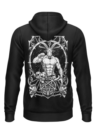 Schwerer unisex zipper master of darkness in schwarz mit strapazierfähigem stoff und detailreichem schwarweißem graphicprint
