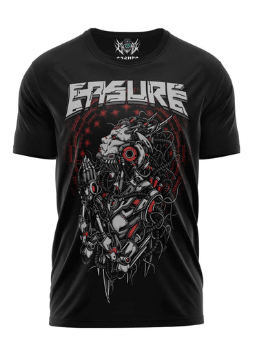 Schweres unisex t-shirt mecha in schwarz mit cybernetischem löwengrafikdruck in rotem und silbernem akzent aus strapazierfähigem stoff
