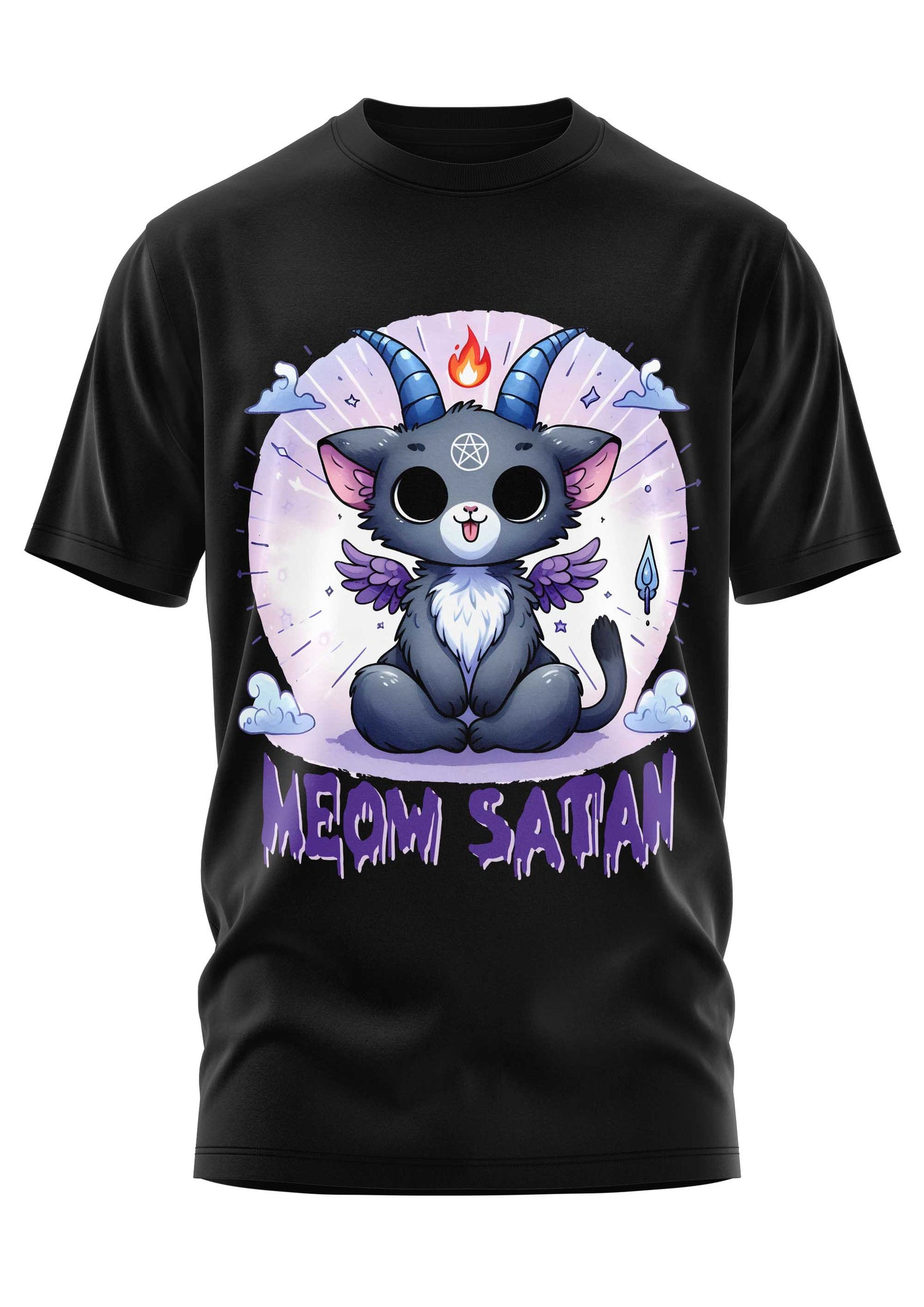 Schwarzes T-Shirt mit satanischer Katze im Cartoon-Design.