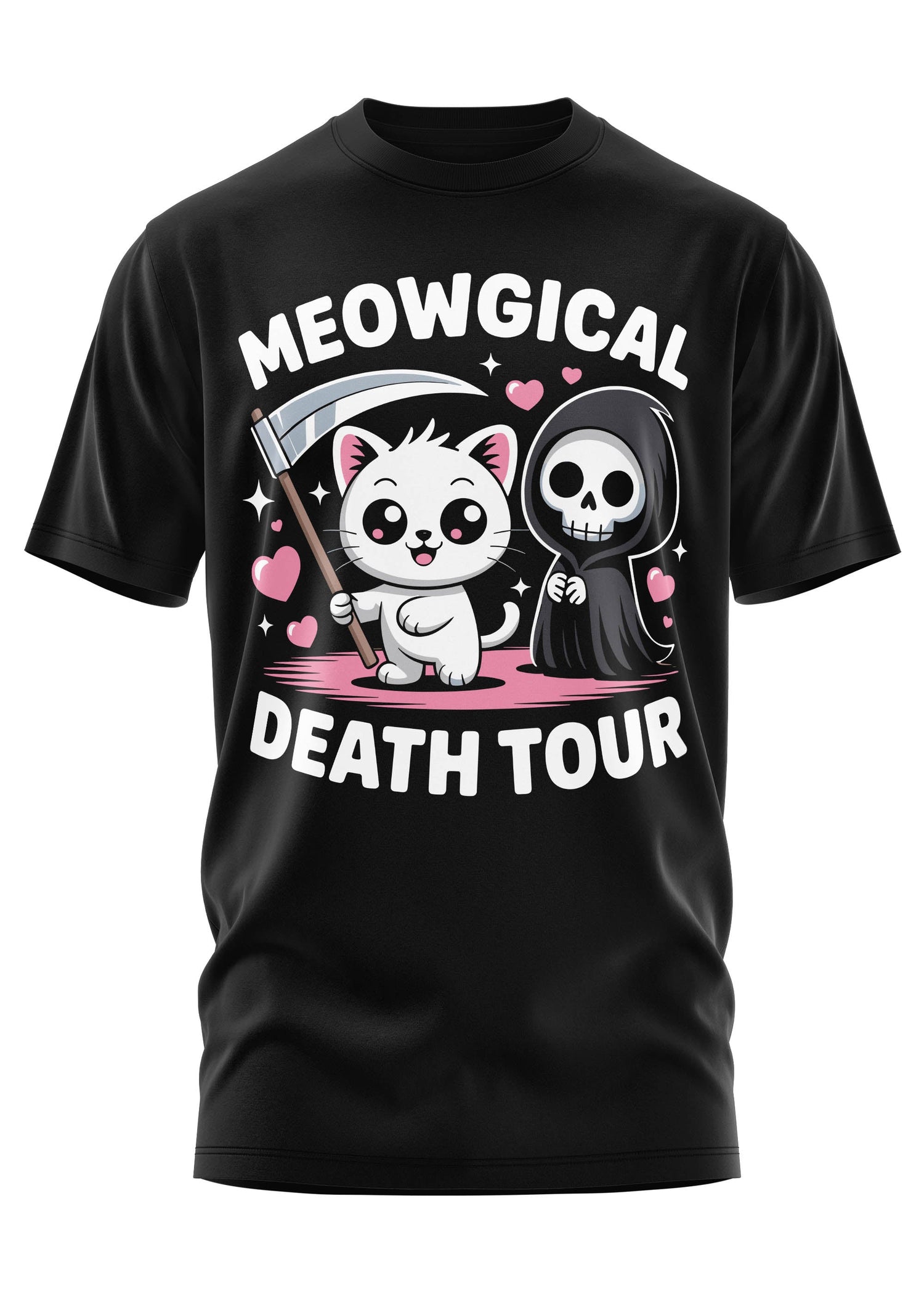Schwarzes T-Shirt mit der Grafik ’Meowgical Death Tour’, auf der eine niedliche weiße Katze mit einer Sense und einem Sensenmann abgebildet ist.