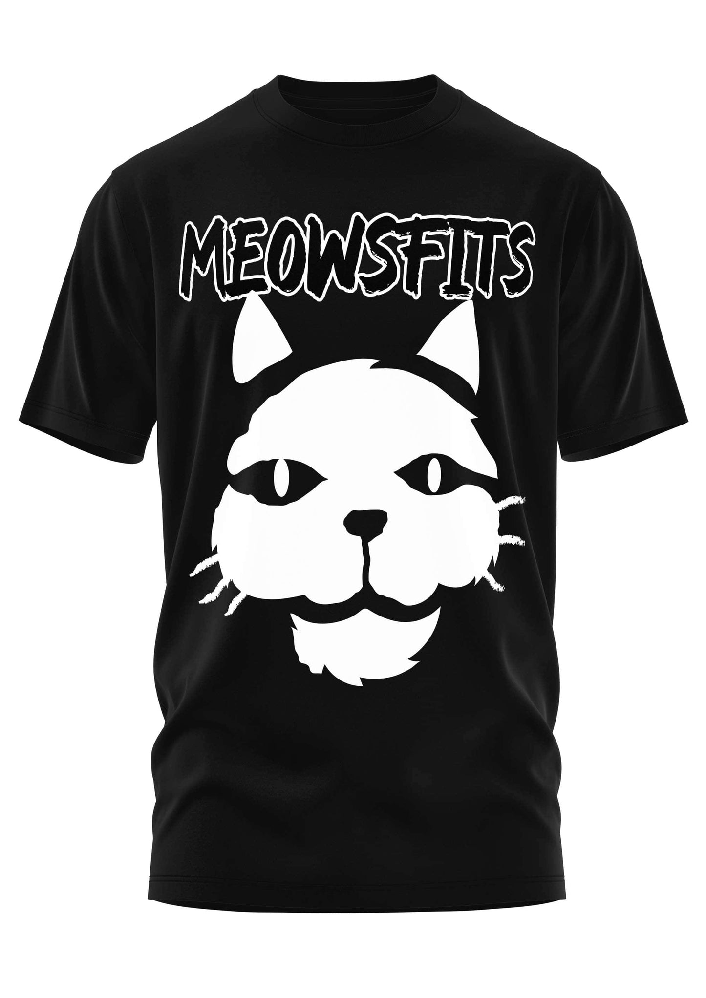 Schwarzes kurzarmshirt meowsfits mit weißem cat face motiv und gothic horror vibe für bitte fans