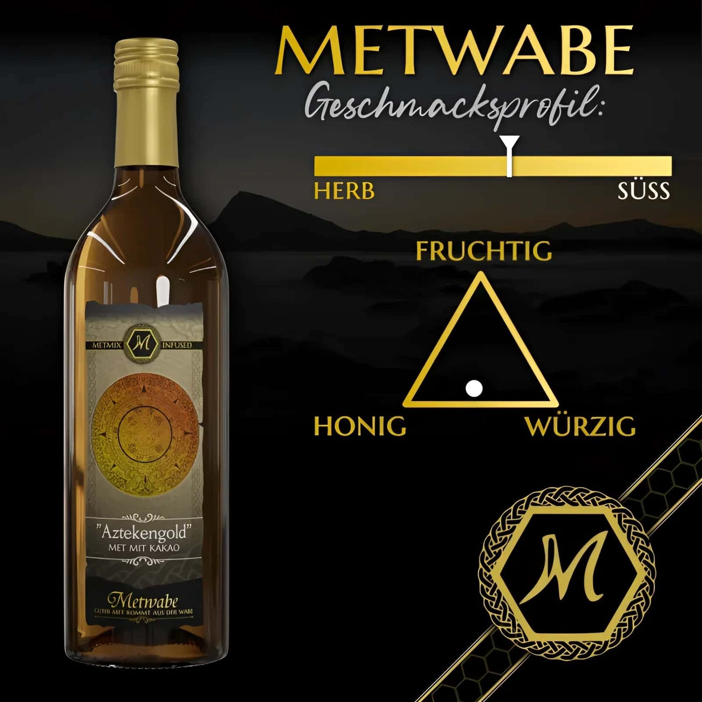 Bottle of met mix aztekengold mead with kakaobohnen flavor profile and unvergleichlichen geschmackserlebnis 750ml