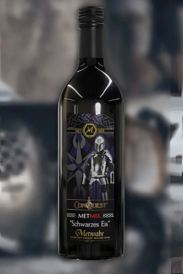A dark glass bottle of met mix schwarzes eis wine with a knight in silver armor label for conquest of mythodea live adventure conquest