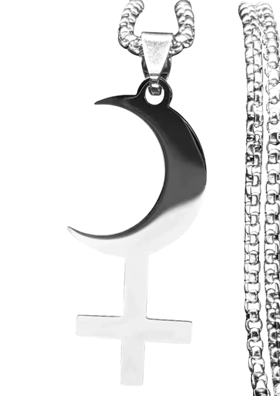 Silberne moon cross halskette mit mond und kreuz anhänger an texturierter kette im gothic horror stil
