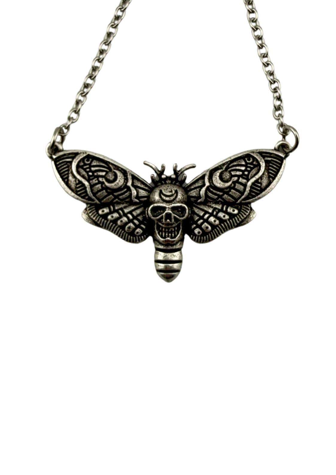 Silberne moth halskette moon skull moth mit schädel design und filigranen flügelmustern für gothic kleidung und horror fans