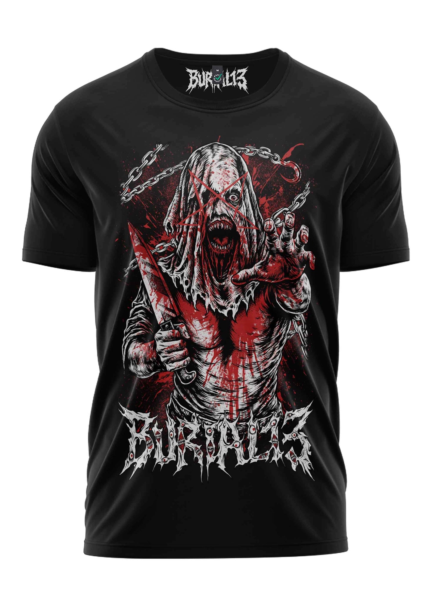 Schwarzes kurzarmshirt mors mantis burial 13 mit horror-grafik in rot und weiß für dark fashion und gothic t-shirt fans