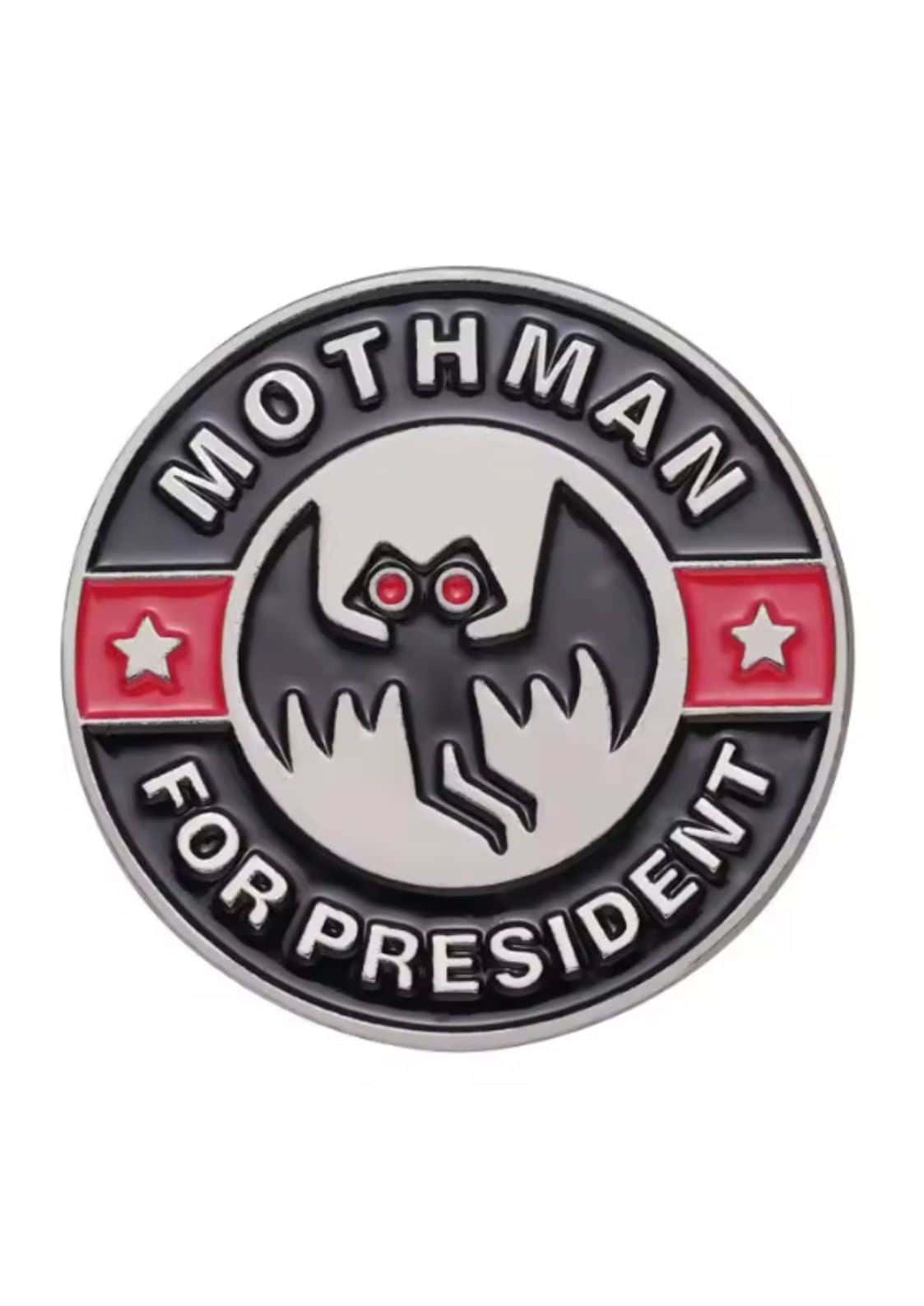 Mothman for president pin badge in black and red enamel metal featuring mothman design and for president text