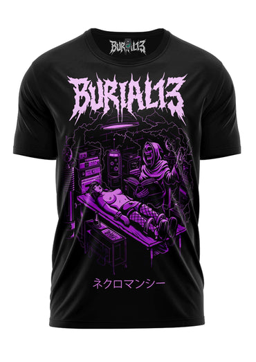 Schwarzes schweres unisex t-shirt necromancer burial 13 mit lila skelett grafik und strapazierfähigem stoff in weicher qualität
