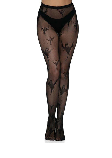 Netzstrumpfhose schwarz mit düsteren akzenten und floralen mustern in motiven geisterlicher figuren aus transparentem material
