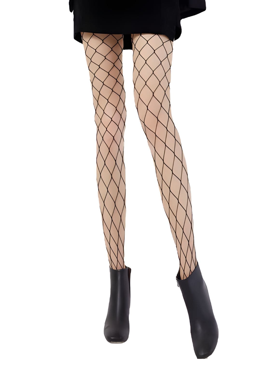 Fischernetzstrümpfe mit Diamantmuster, Beige- und Schwarzfarbenschema.