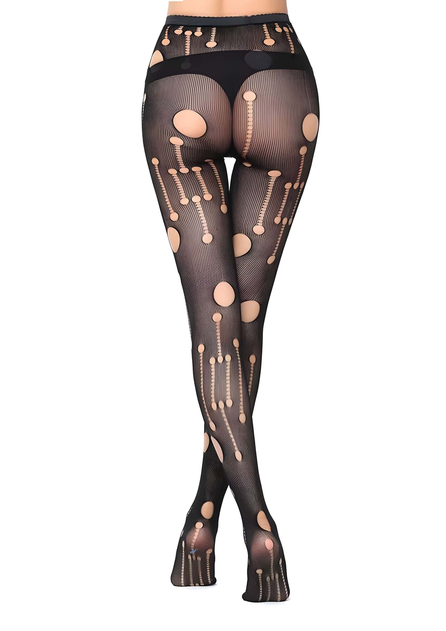 Schwarze gothic netzstrumpfhose mit beige kreis- und punktemuster sowie auffälligen cut-out löchern