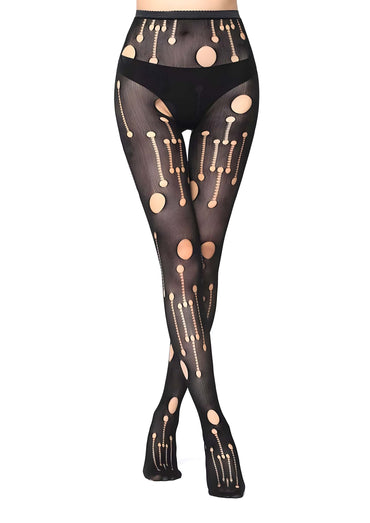 Schwarze netzstrumpfhose mit beige kreisförmigen embellishments und cut-out löchern gothic netzstrumpfhose