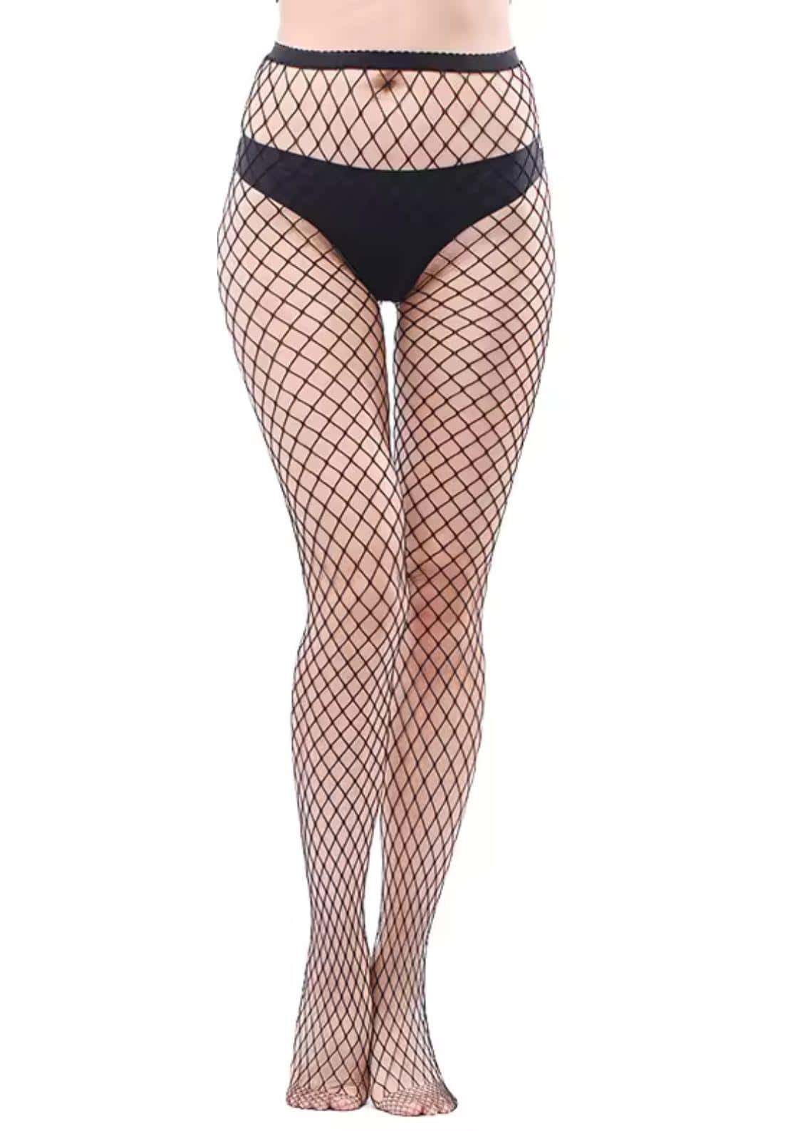 Schwarze gothic netzstrumpfhose mit feinem diamantmuster und verstärktem bund maschengröße l