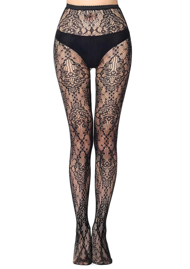 Schwarze gothic netzstrumpfhose mit schwarzen floralen barockmustern und transparentem mesh stoff