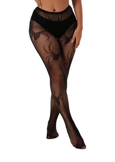 Netzstrumpfhose schwarz mit spider-spinnenmuster und floralen mustern für düstere akzente