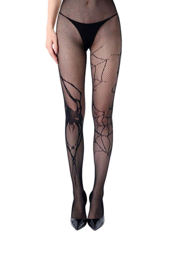 Netzstrumpfhose schwarz mit floraler spinnennetz spitze und düsteren akzenten im floralen muster