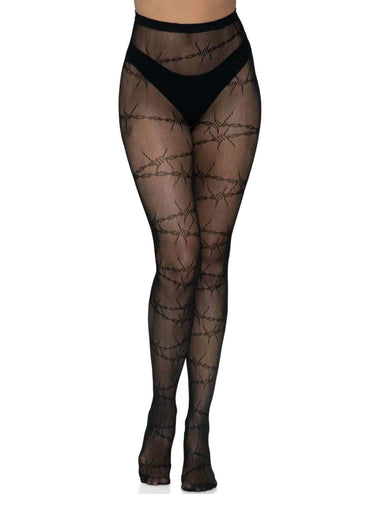Netzstrumpfhose schwarz mit düsteren akzenten und auffälligem stacheldrahtmuster aus transparentem material