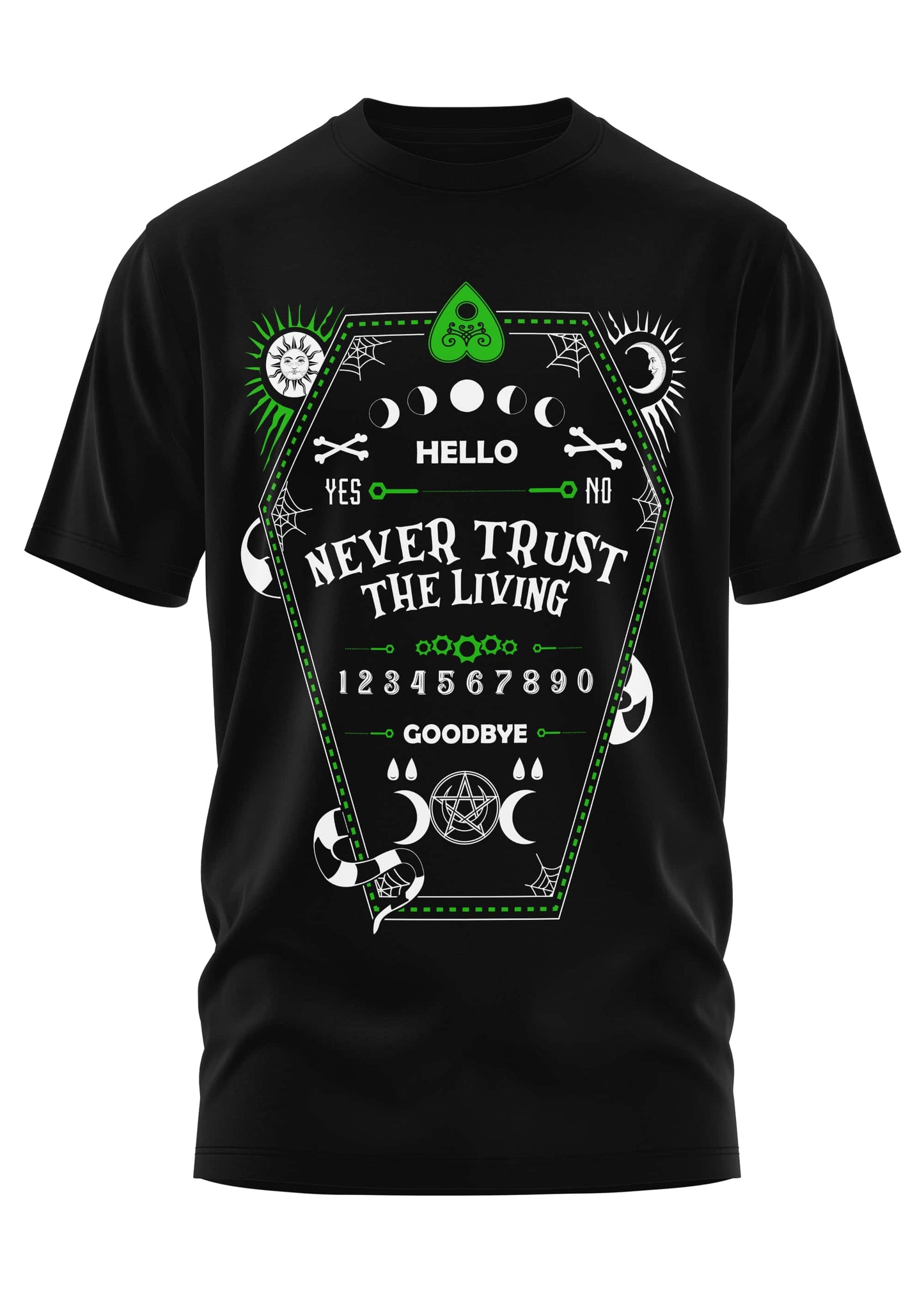 Schweres unisex t-shirt in schwarz mit strapazierfähigem stoff und weiß-grünem ouija board design never trust the living