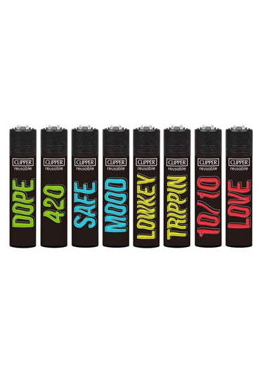 Schwarzes clipper feuerzeug set mit neonfarbenen textdesigns ideal für gothic kleidung und horror fans