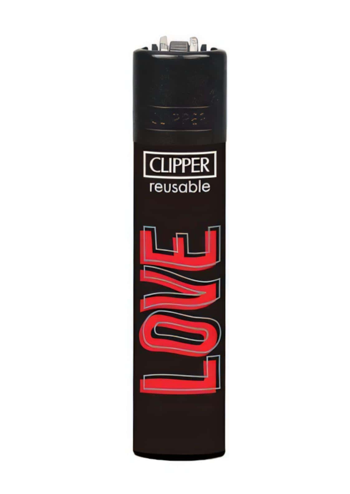 Schwarzes clipper wiederverwendbares feuerzeug mit rotem love schriftzug im gothic horror stil im new impact set