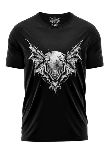 Schwarzes gothic kurzes t-shirt mit einem detaillierten weißen horror-bat und schädelmotiv namens night stalker shirt