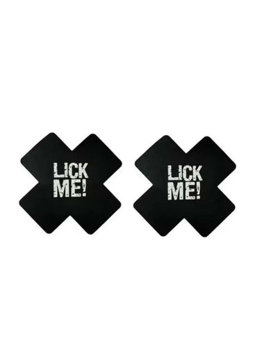 Schwarze nippel pasties mit x-förmigem lick me schriftzug, perfekt für gothic kleidung und horror looks