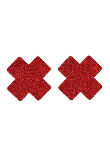 Rote glitzernde x-förmige nippel pasties aus klebrigem material passend zu gothic kleidung und horror styles