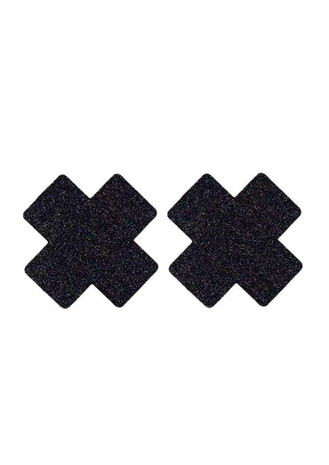 Schwarze glitzernde x-förmige nippel pasties ideal für gothic horror und dark fashion looks