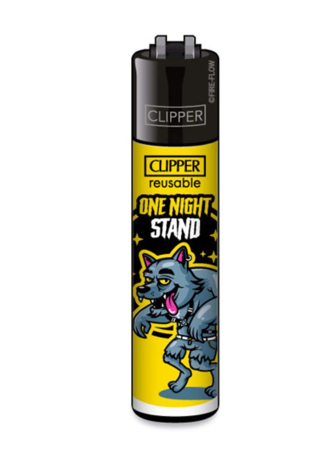 Schwarzes und gelbes clipper-feuerzeug mit cartoon-wolf und text one night stand als nachfüllbares night stand feuerzeug