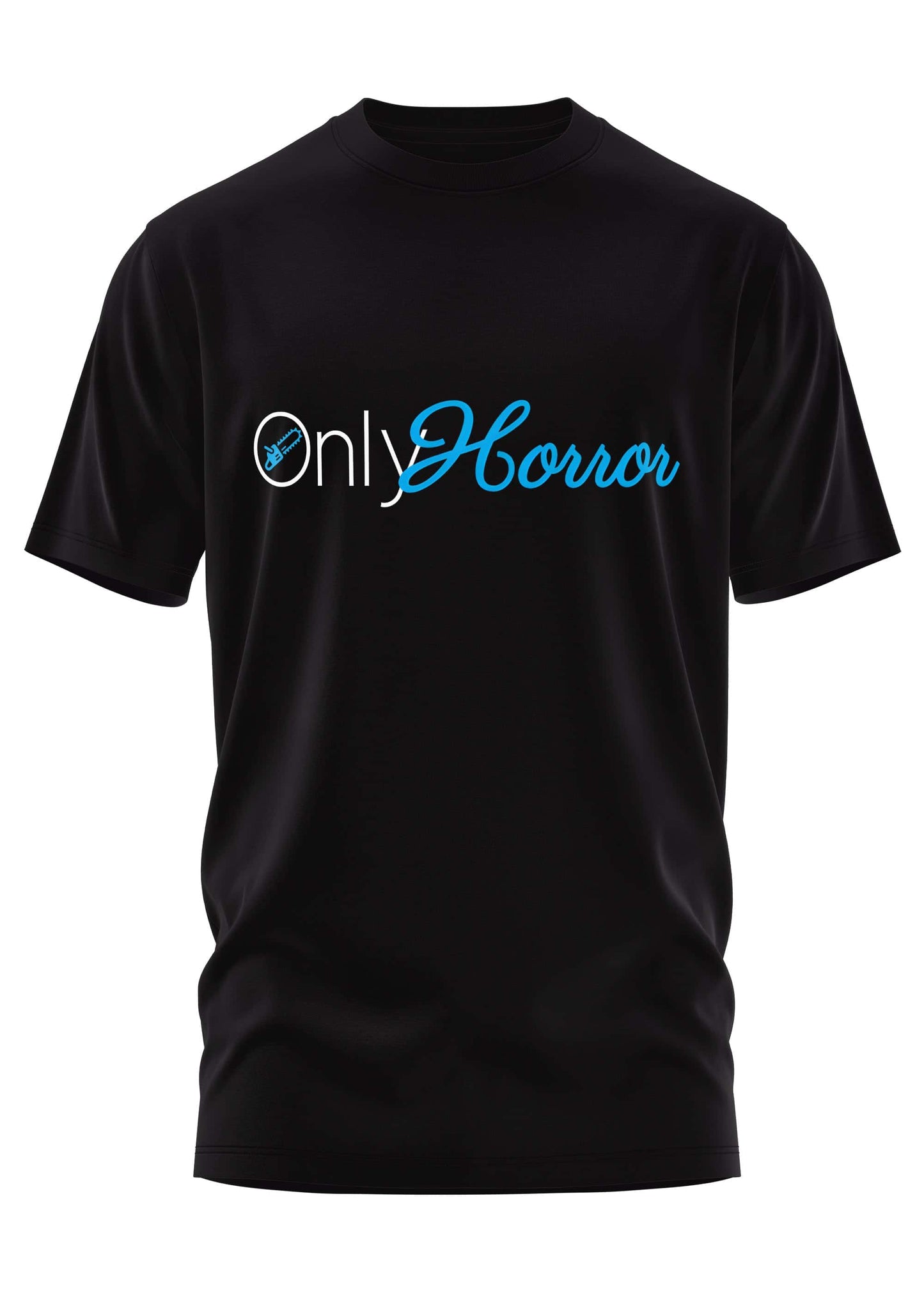 Schweres unisex t-shirt in schwarz mit only horror blue schriftzug in weiß und blau aus strapazierfähigem stoff